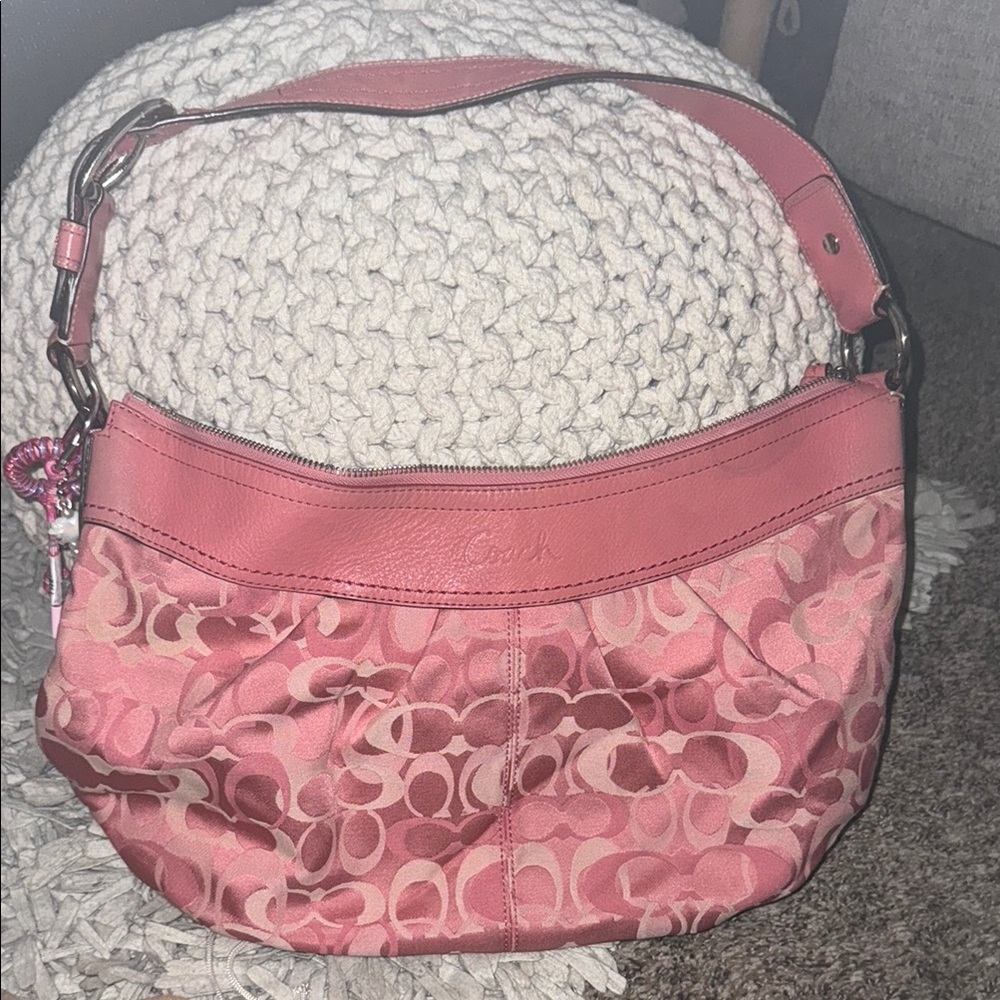 Y2K rare pink Coach large canvas leather hobo Bag with Signature Monogram - Picture 9 of 16